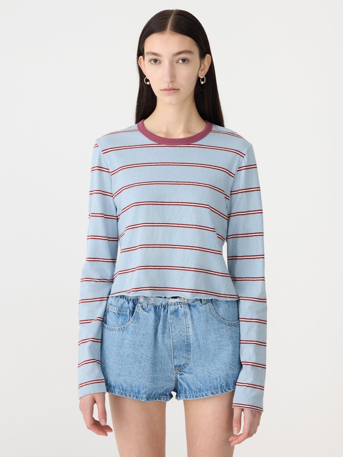 bassike | Stripe L/S Baby t-shirt | Pale Blue/Burgundy | Palm Boutique