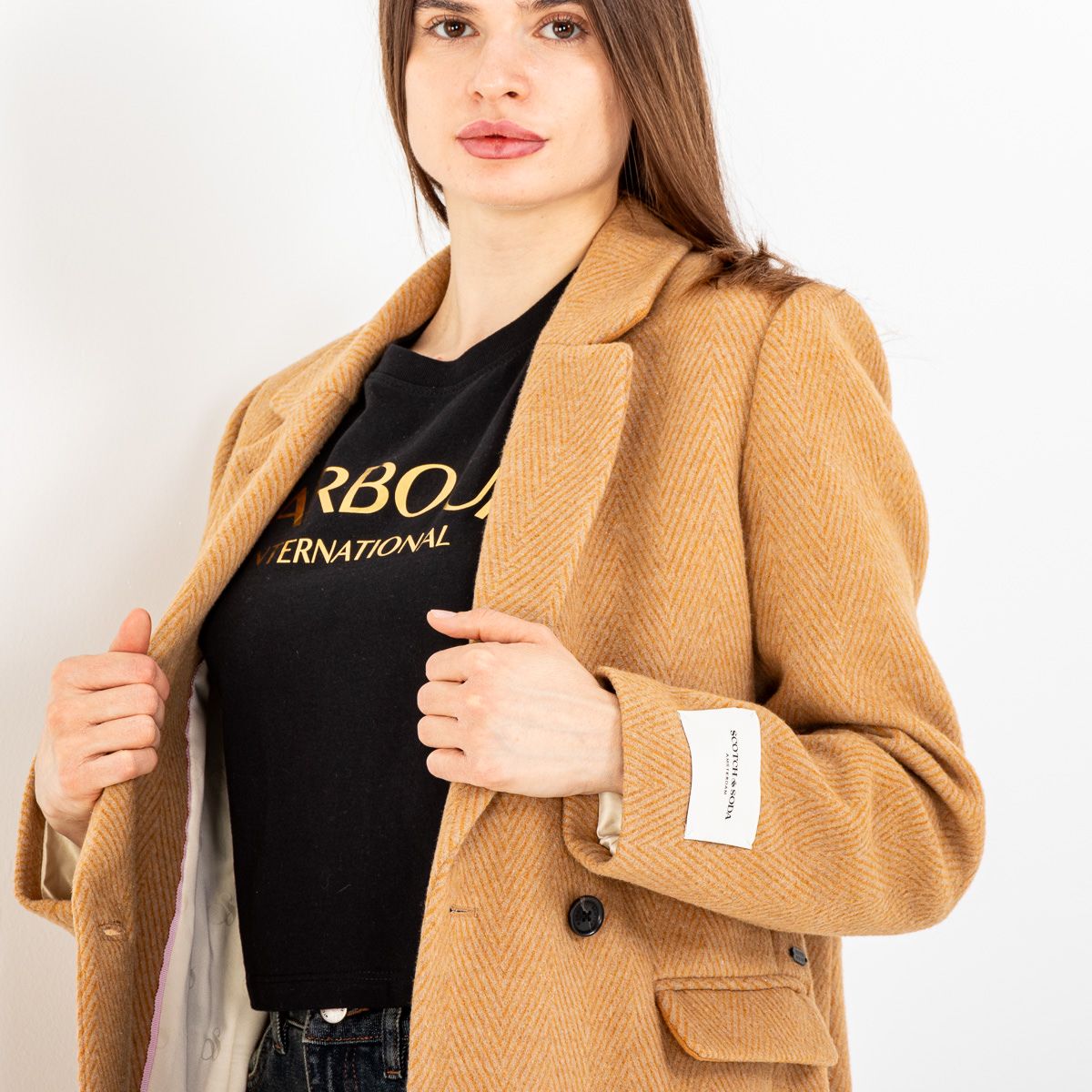Scotch & Soda | Single Breasted Herringbone Wool Coat | Tobacco Melange | Palm Boutique