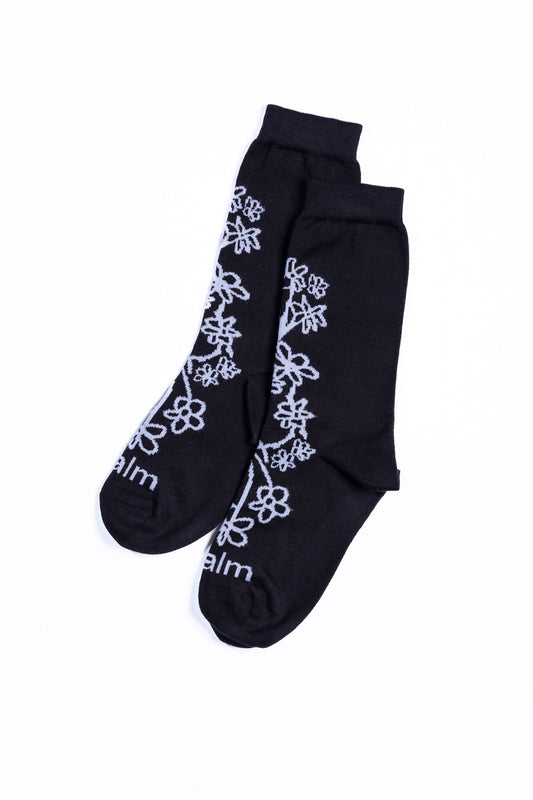 Floral Crew Sock | Black/White