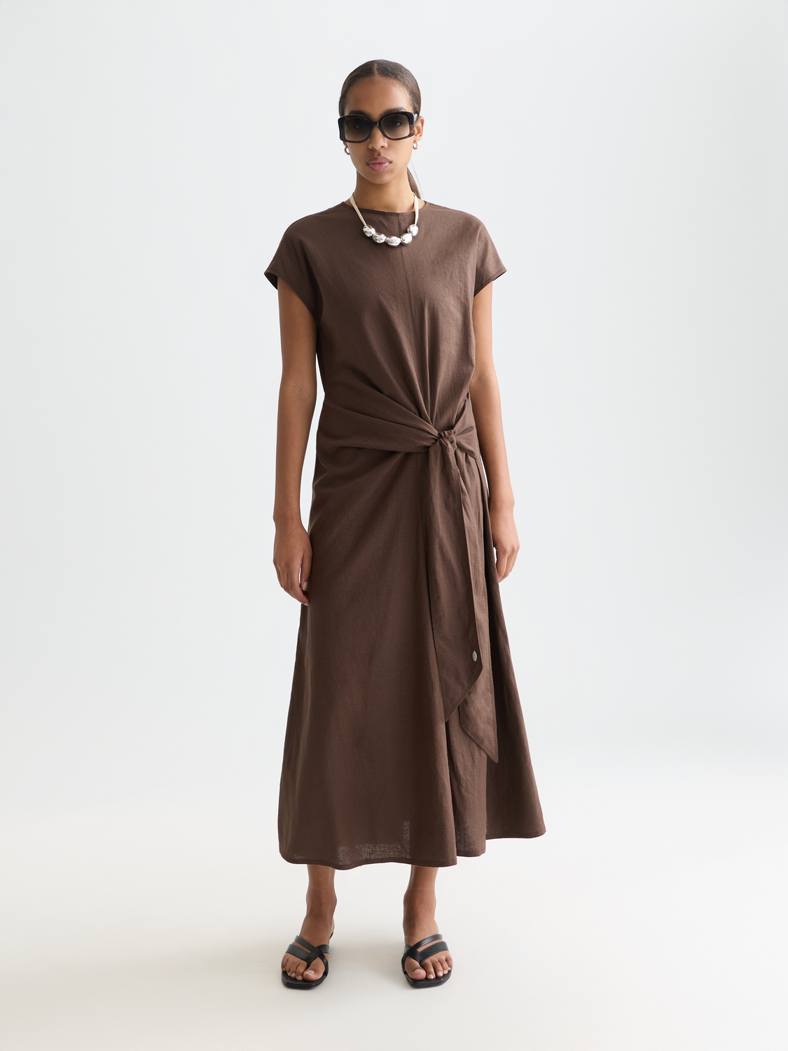Relaxed Linen Blend Ankle Tie Dress | Hot Fudge
