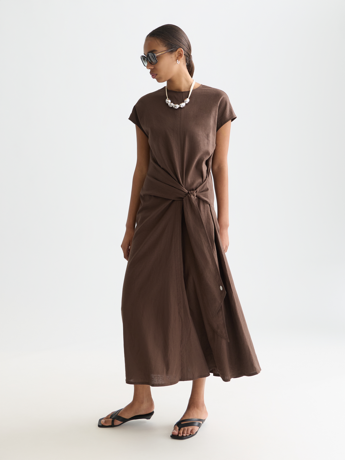 Relaxed Linen Blend Ankle Tie Dress | Hot Fudge