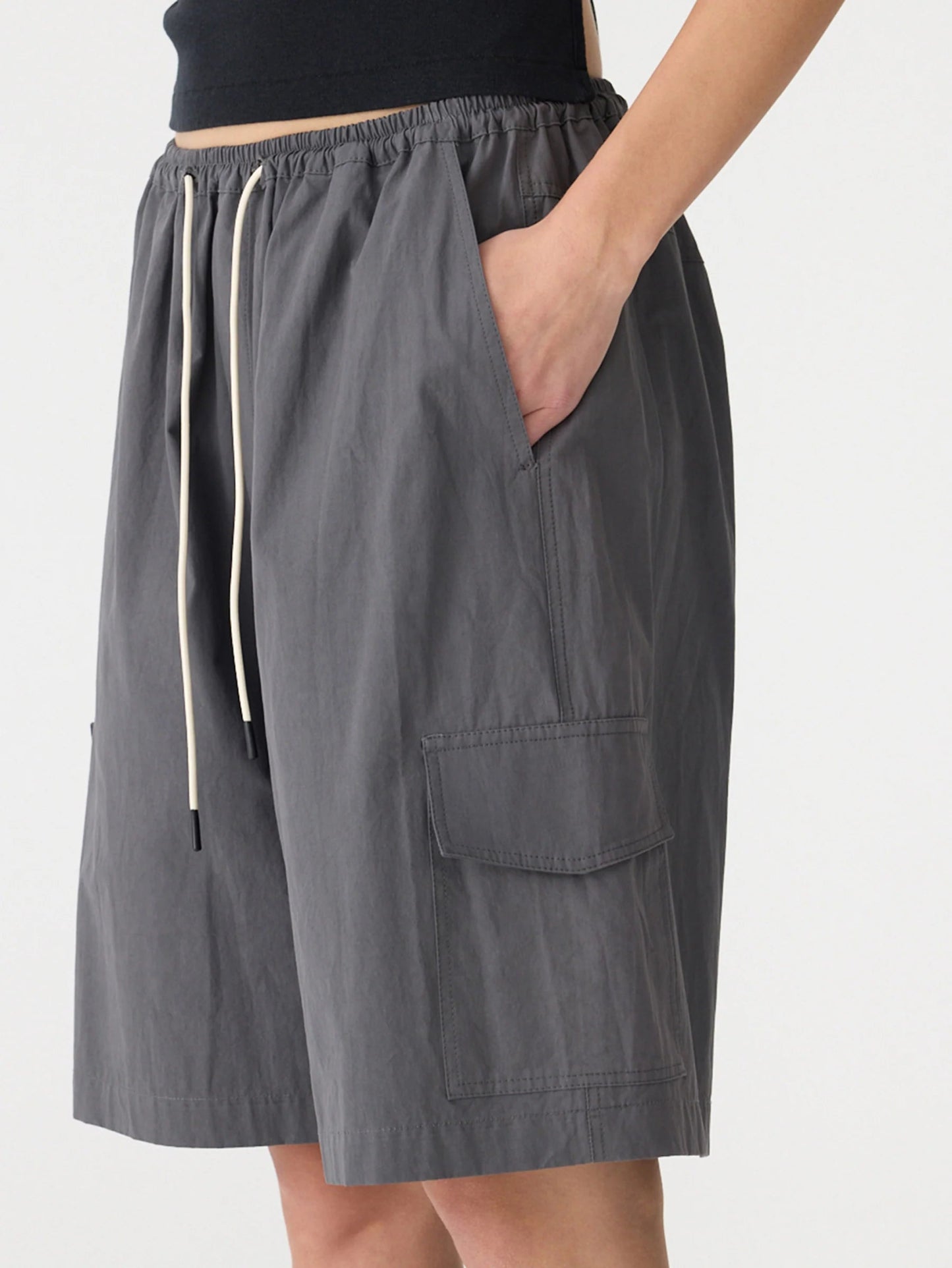 bassike | Crushed Cotton Cargo Short | Washed Black | Palm Boutique