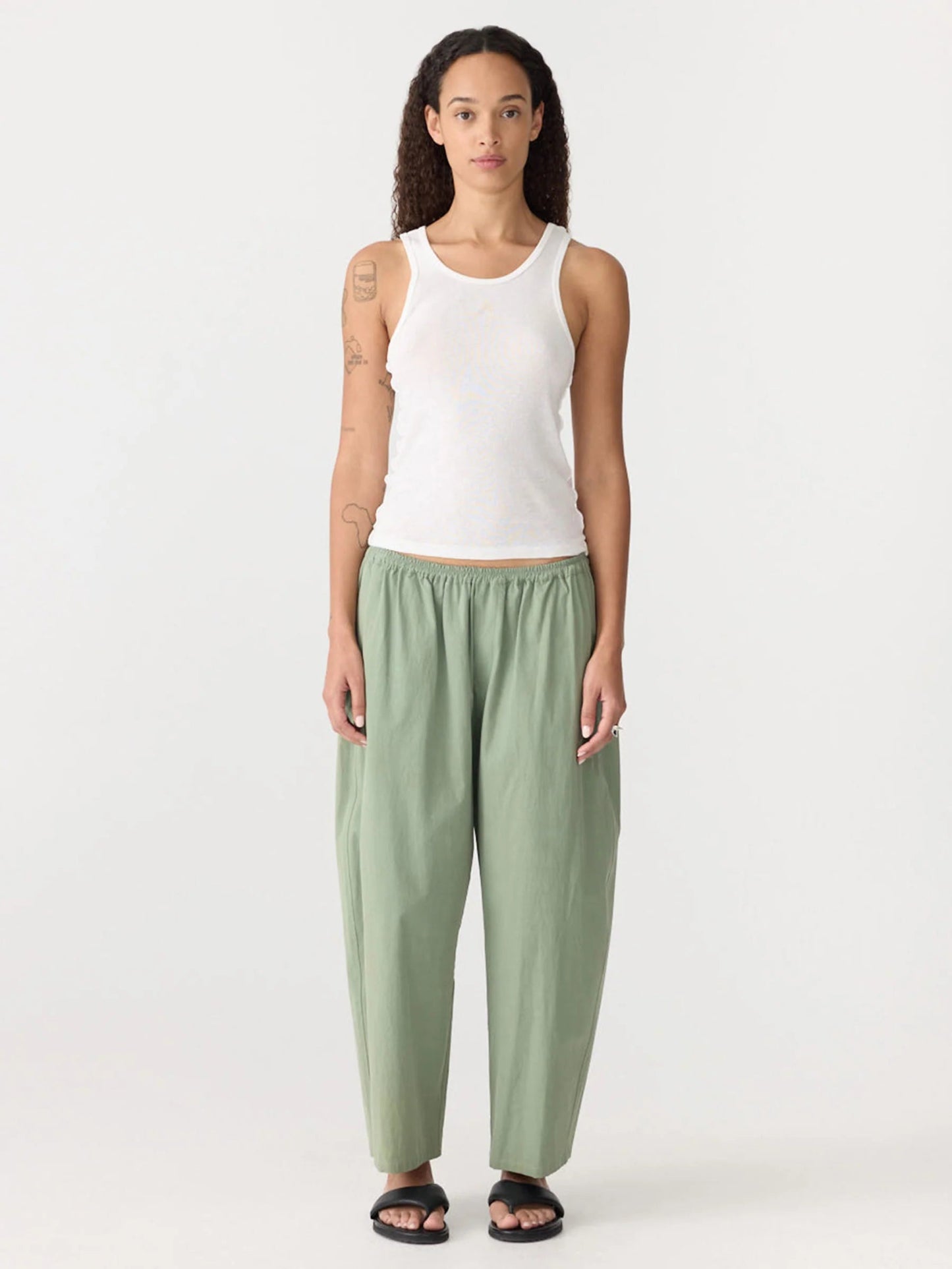 bassike | Crushed Cotton Gathered Pant | Dark Sage | Palm Boutique