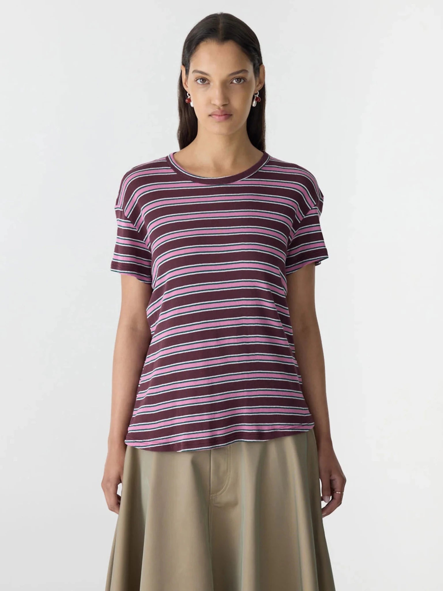bassike | Retro Rib Stripe T-Shirt | Burg Wht Pink | Palm Boutique