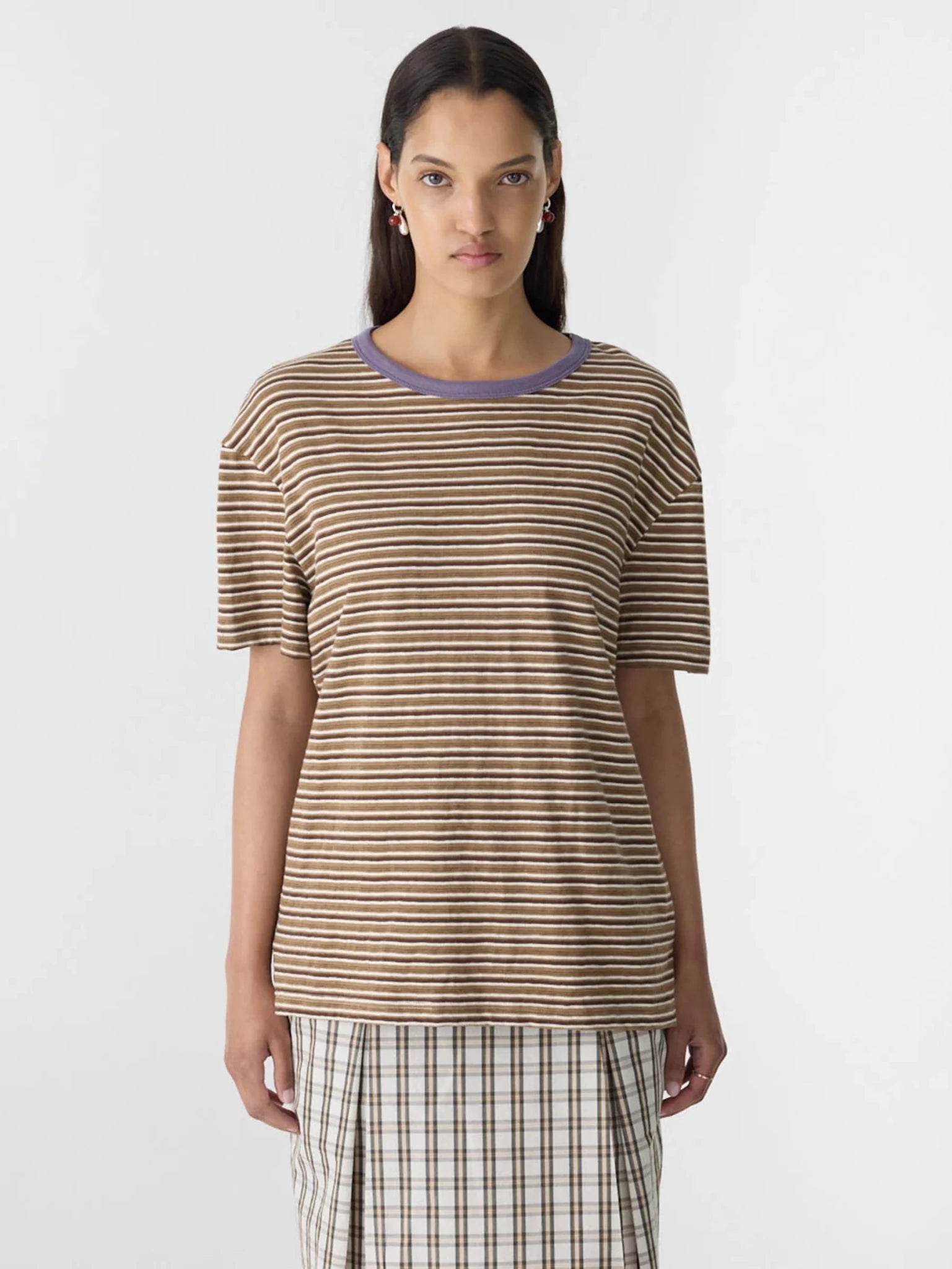 bassike | Retro Stripe Boyfriend T-Shirt | Brown Purple | Palm Boutique