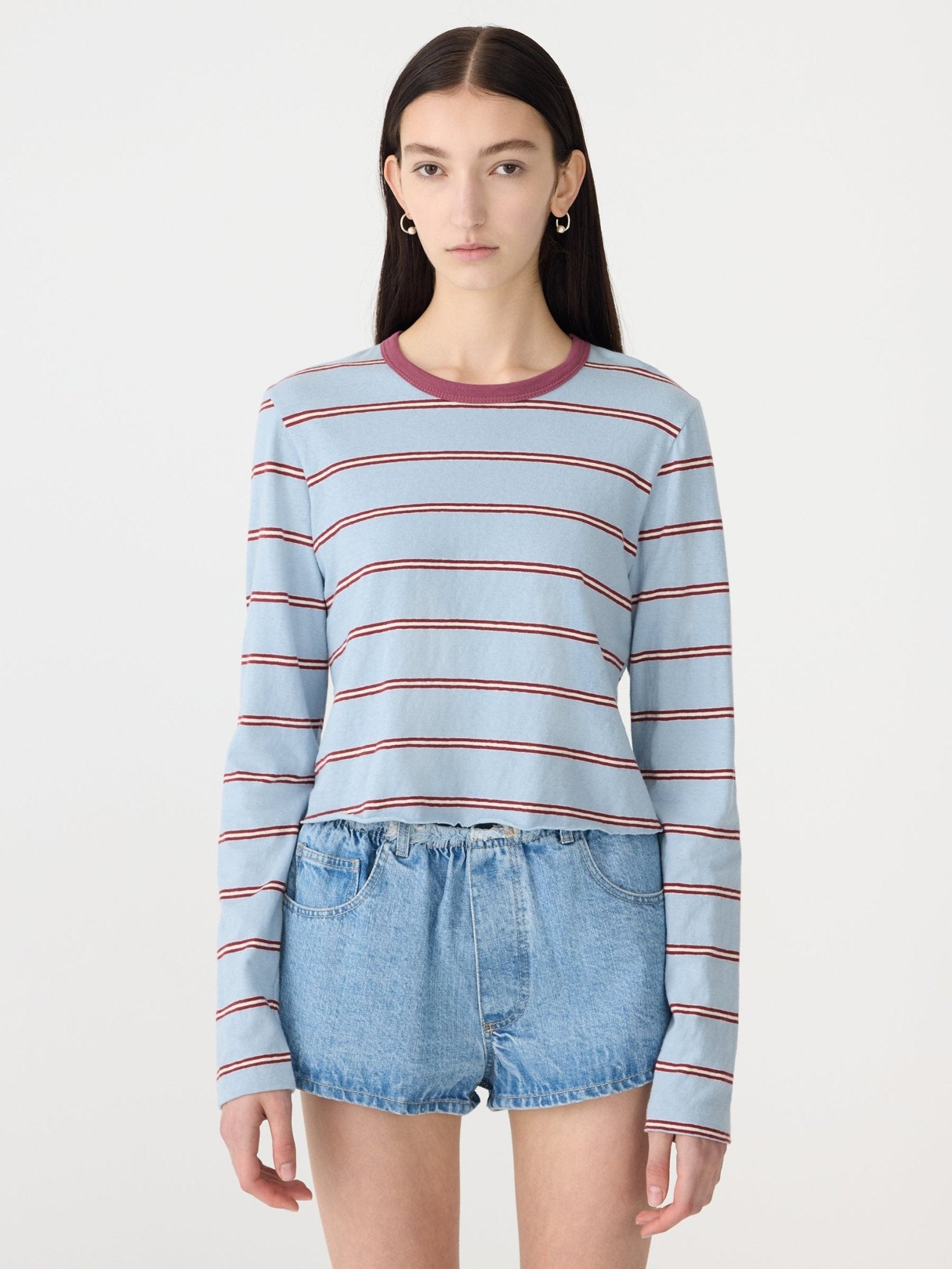 bassike | Stripe L/S Baby t-shirt | Pale Blue/Burgundy | Palm Boutique