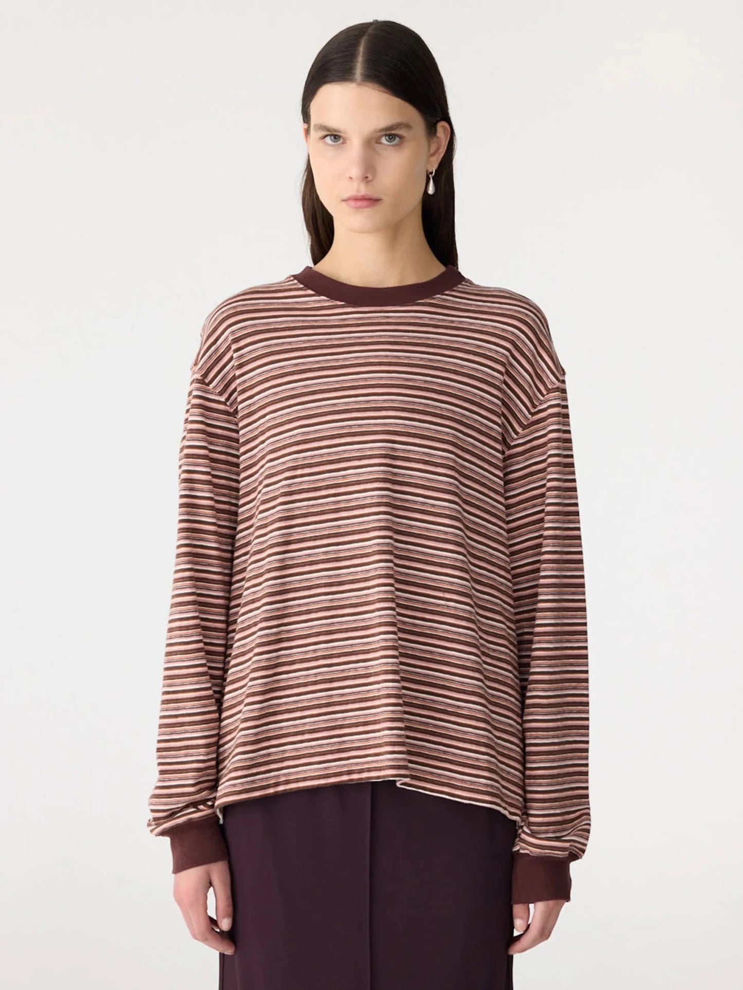 bassike | Stripe Slouch L/S T-shirt | Pink/Orange/Plum | Palm Boutique