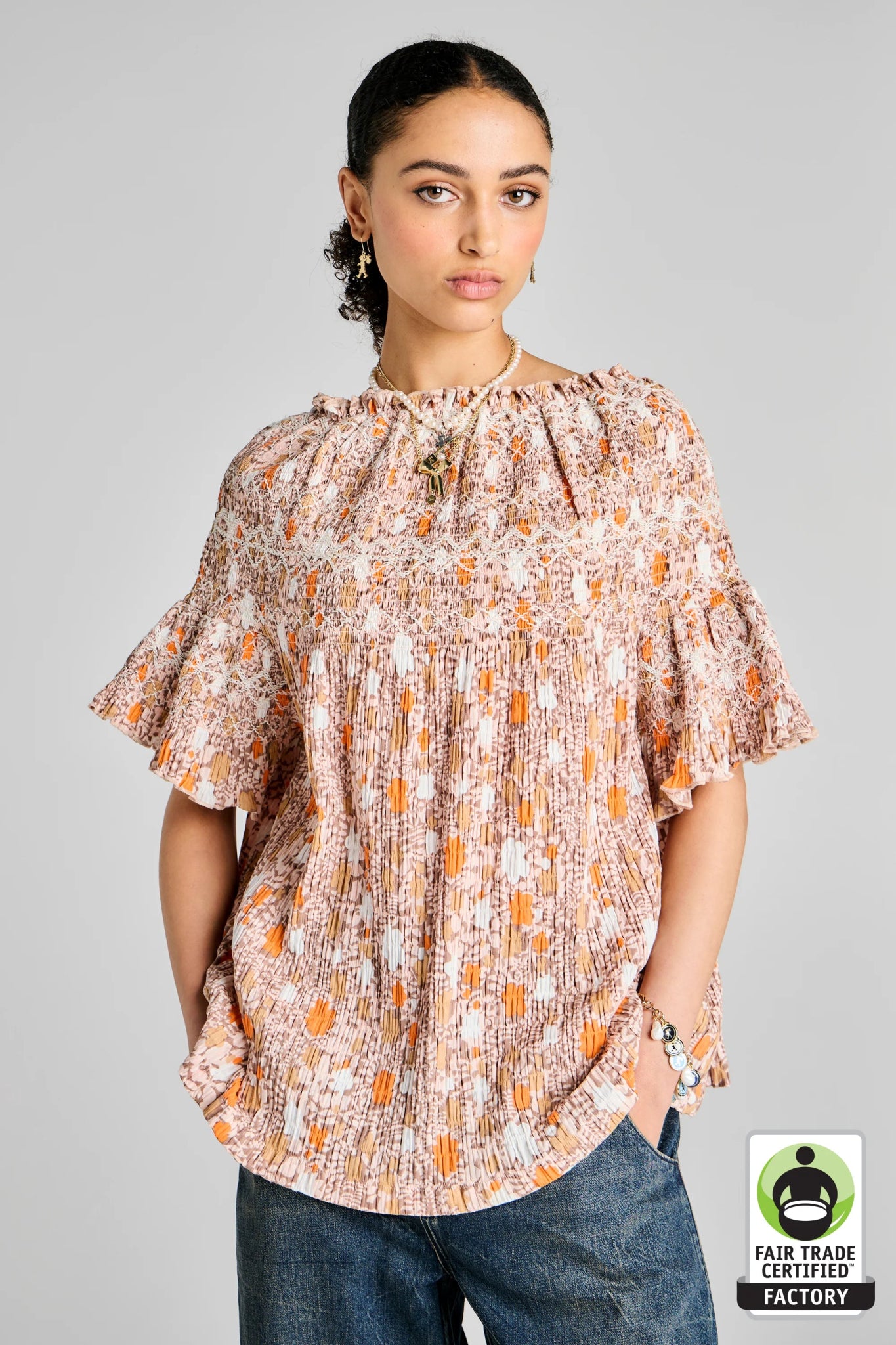 Karen Walker | Theia Smocked Blouse | Pink Multi/White | Palm Boutique