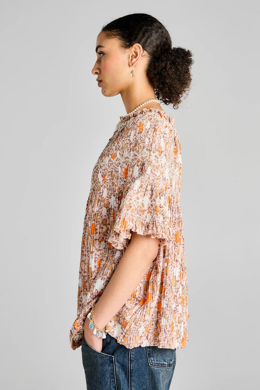 Karen Walker | Theia Smocked Blouse | Pink Multi/White | Palm Boutique
