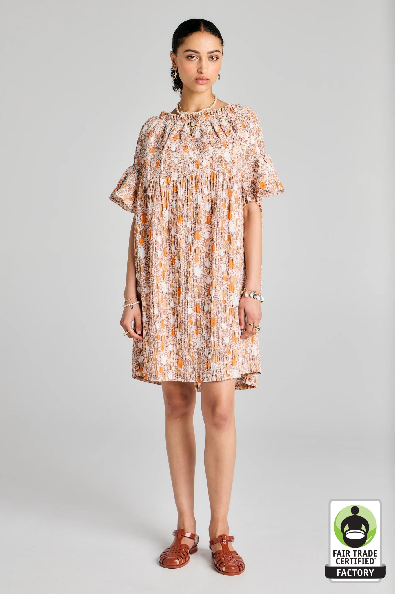 Karen Walker | Theia Smocked Mini Dress | Pink Multi/White | Palm Boutique