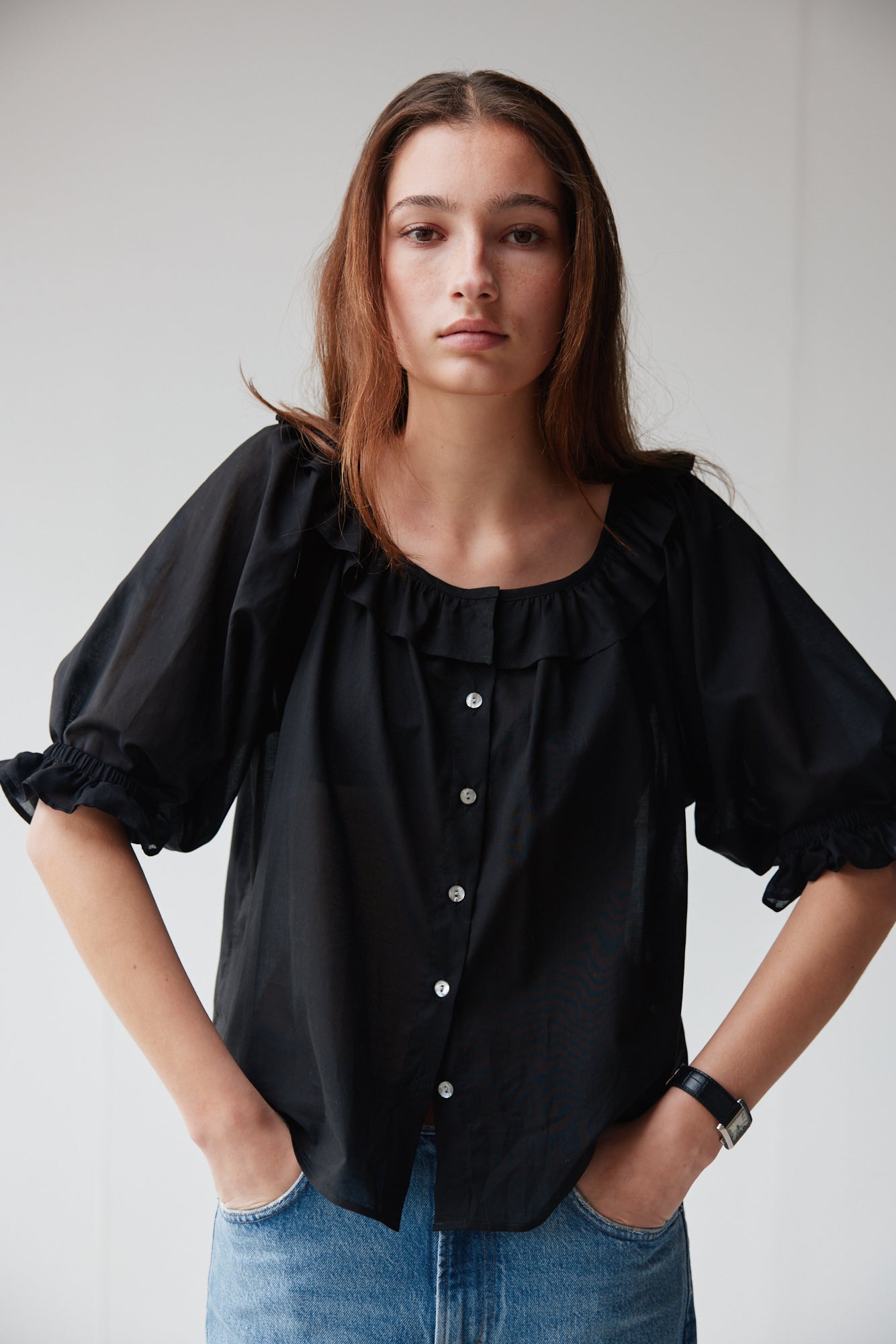 Mahsa | Bon Ruffle Blouse Cotton Voile | Black | Palm Boutique