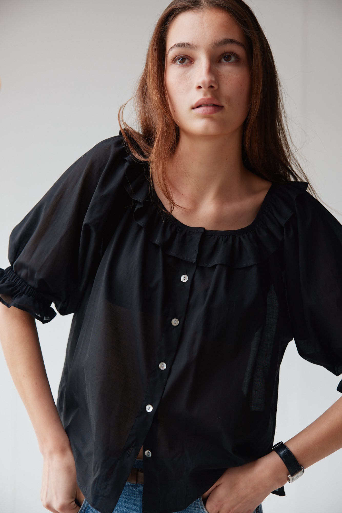 Mahsa | Bon Ruffle Blouse Cotton Voile | Black | Palm Boutique