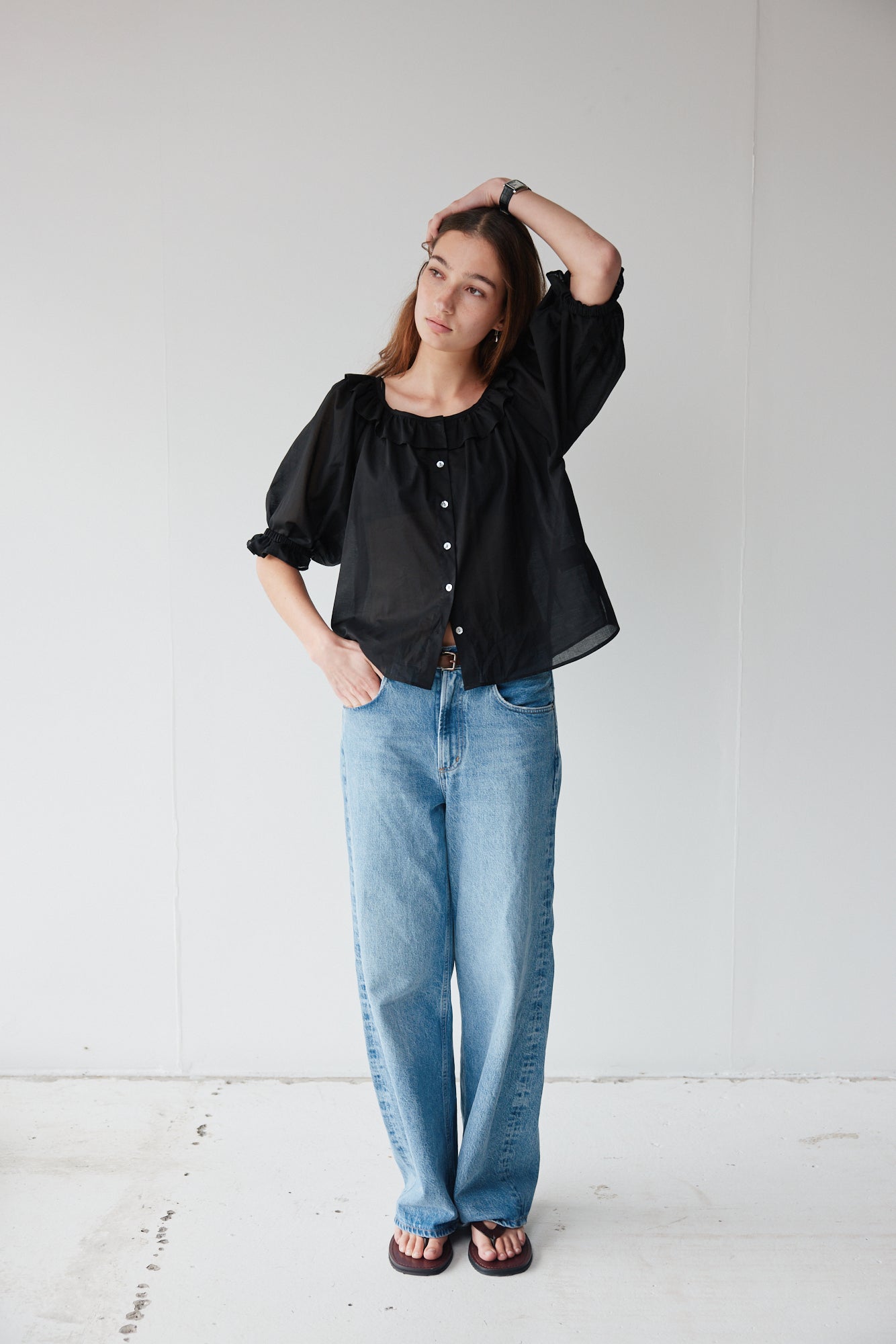 Mahsa | Bon Ruffle Blouse Cotton Voile | Black | Palm Boutique