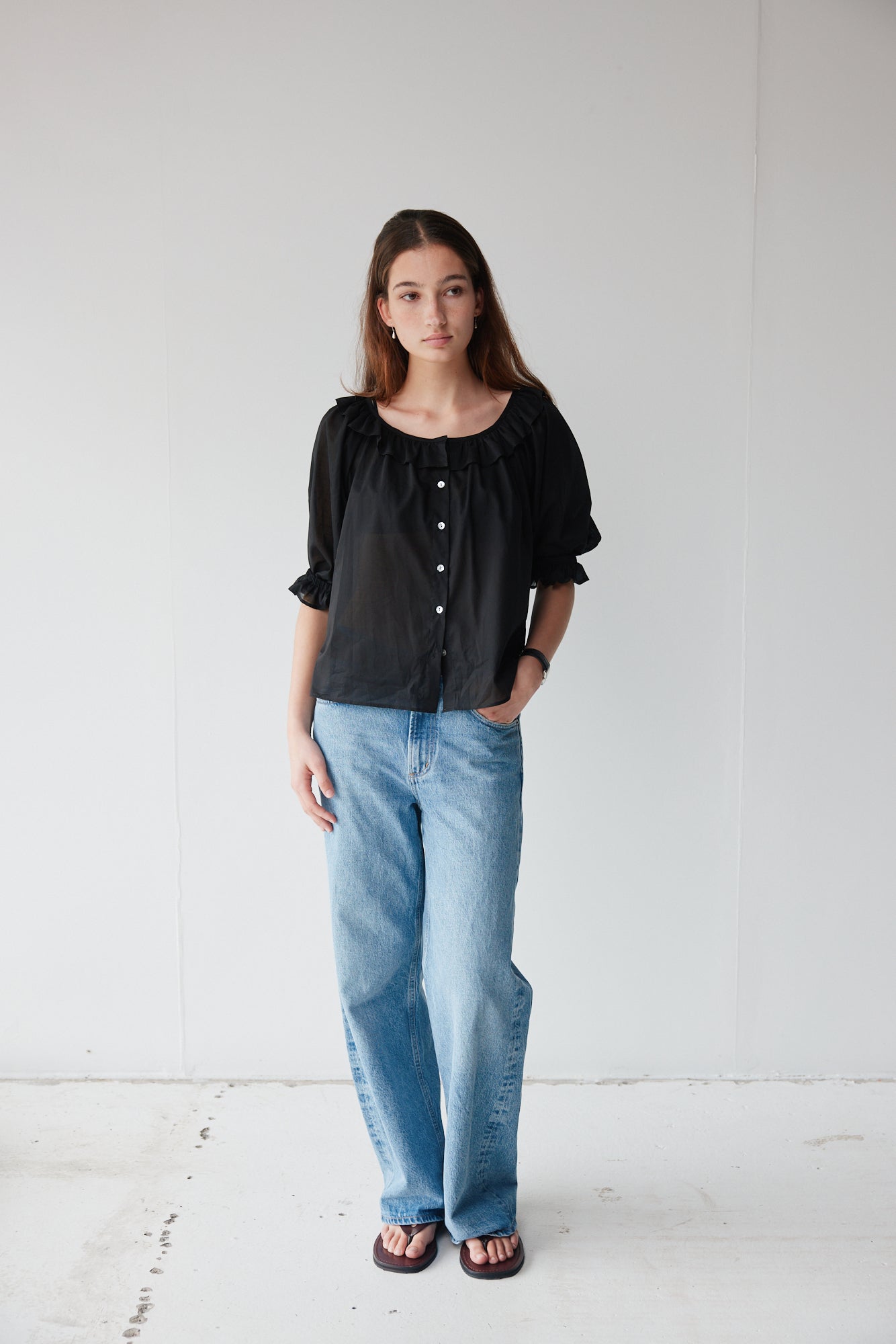 Mahsa | Bon Ruffle Blouse Cotton Voile | Black | Palm Boutique
