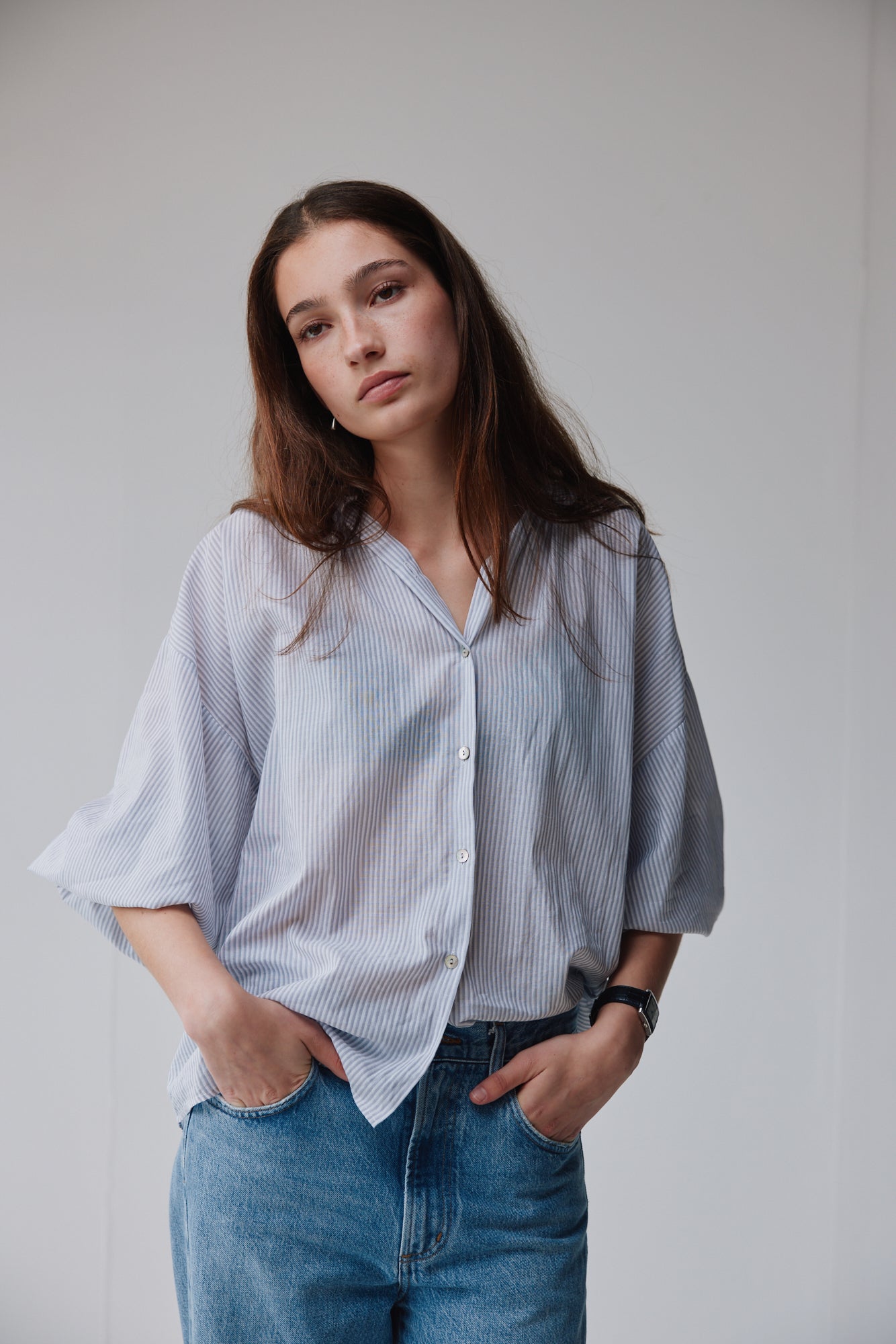 Mahsa | Everyday Blouse Painter Cotton Stripe | Claude Grey | Palm Boutique