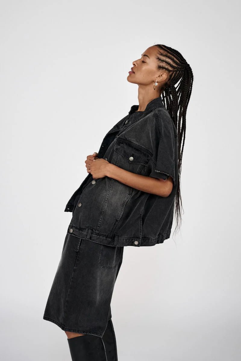 Rabens Saloner | Mir Denim Vest Jacket | Washed Black | Palm Boutique