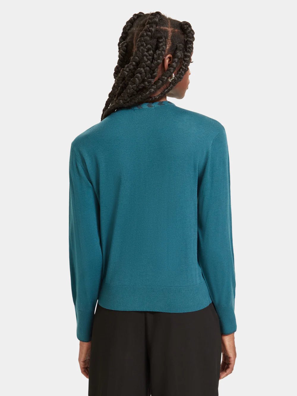 Scotch & Soda | Jacquard Trim Crew Neck Cardigan | Dark Teal | Palm Boutique