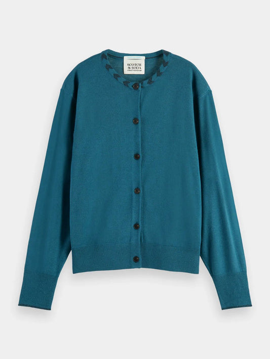 Scotch & Soda | Jacquard Trim Crew Neck Cardigan | Dark Teal | Palm Boutique