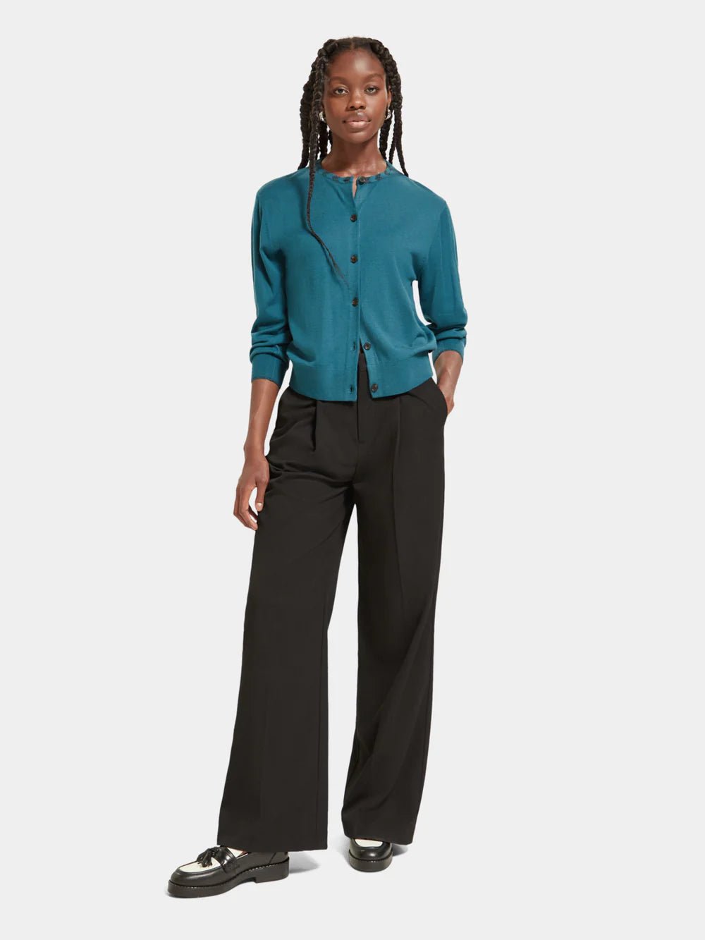 Scotch & Soda | Jacquard Trim Crew Neck Cardigan | Dark Teal | Palm Boutique