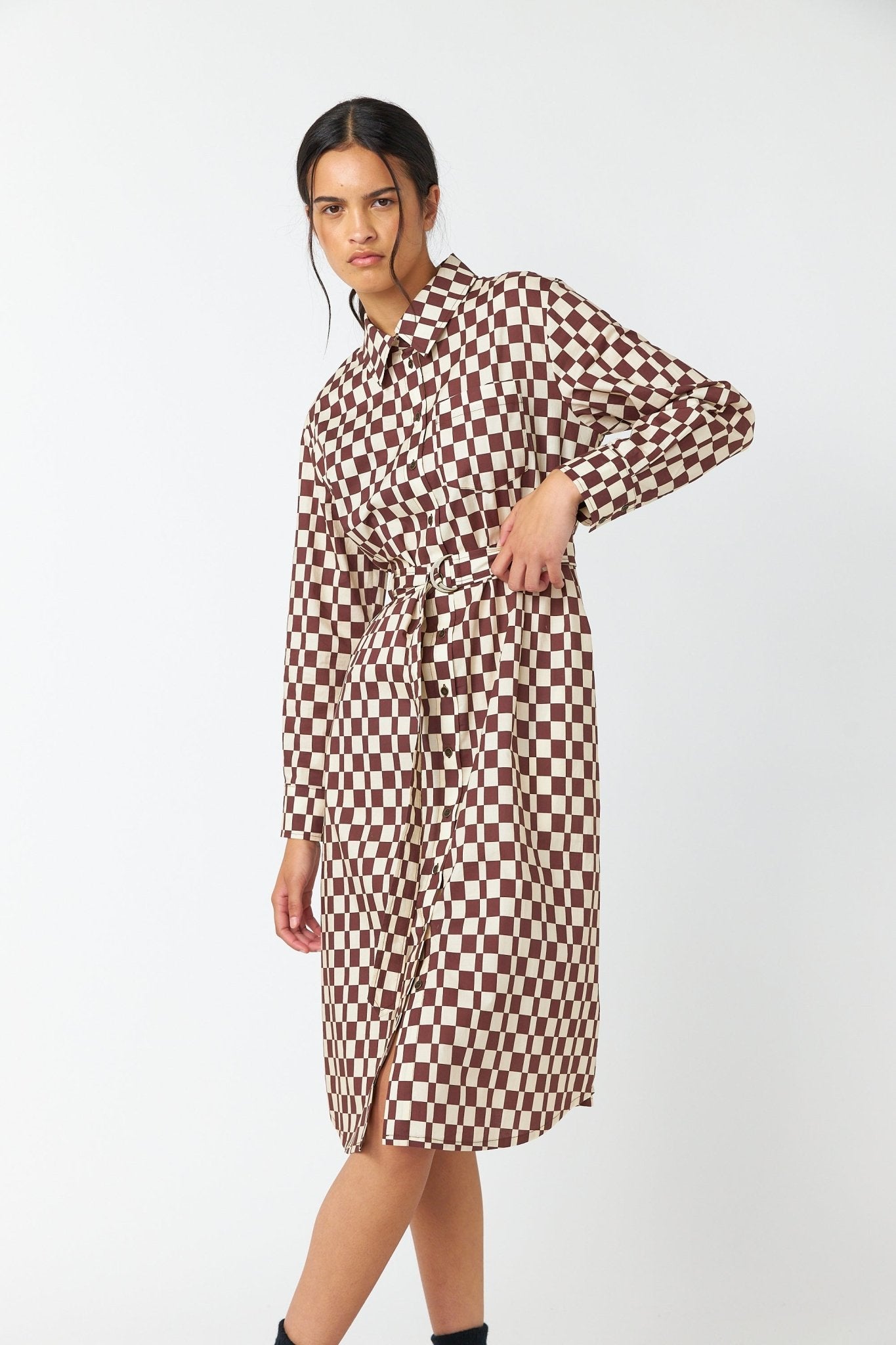 Sylvester | Checkers Shirt Dress | Brown Ivory | Palm Boutique