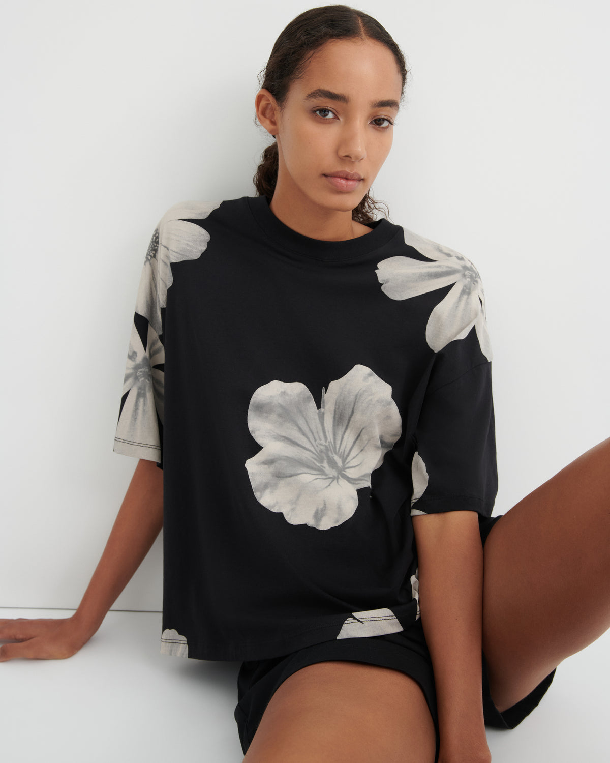 Oversized Boxy Tee | Monochrome Floral