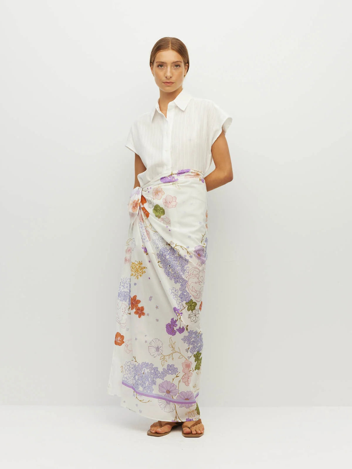 Border Sarong (Afterglow Floral Cotton) Blanc