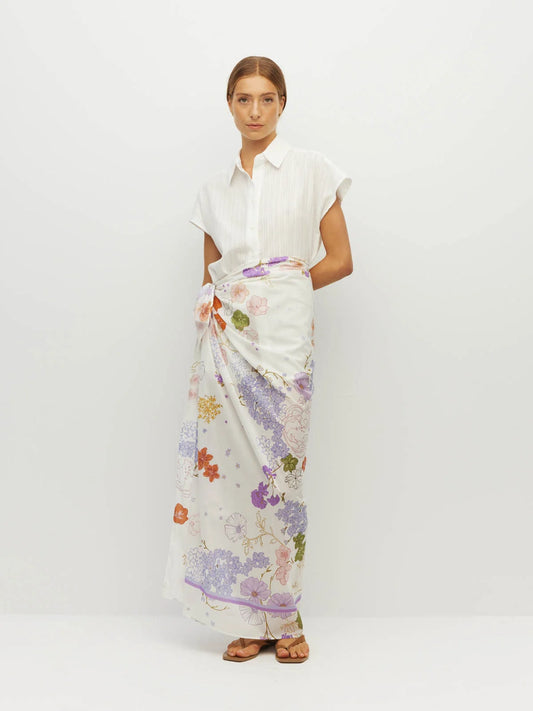 Border Sarong (Afterglow Floral Cotton) Blanc
