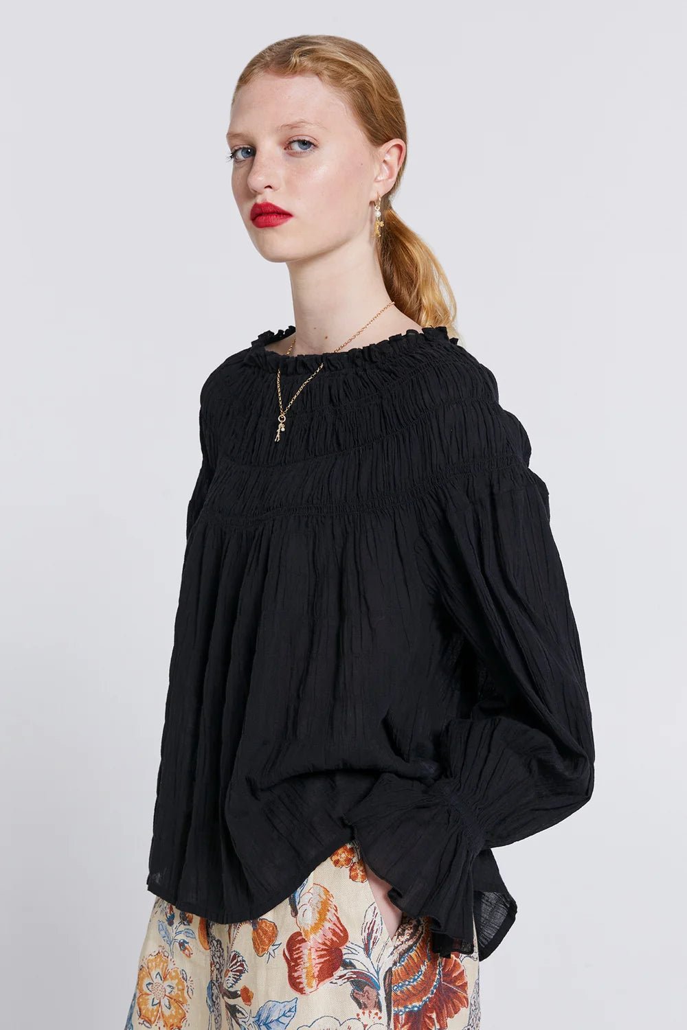 Karen Walker | Prairie Organic Cotton Shirred Blouse | Multi Strip Black | Palm Boutique