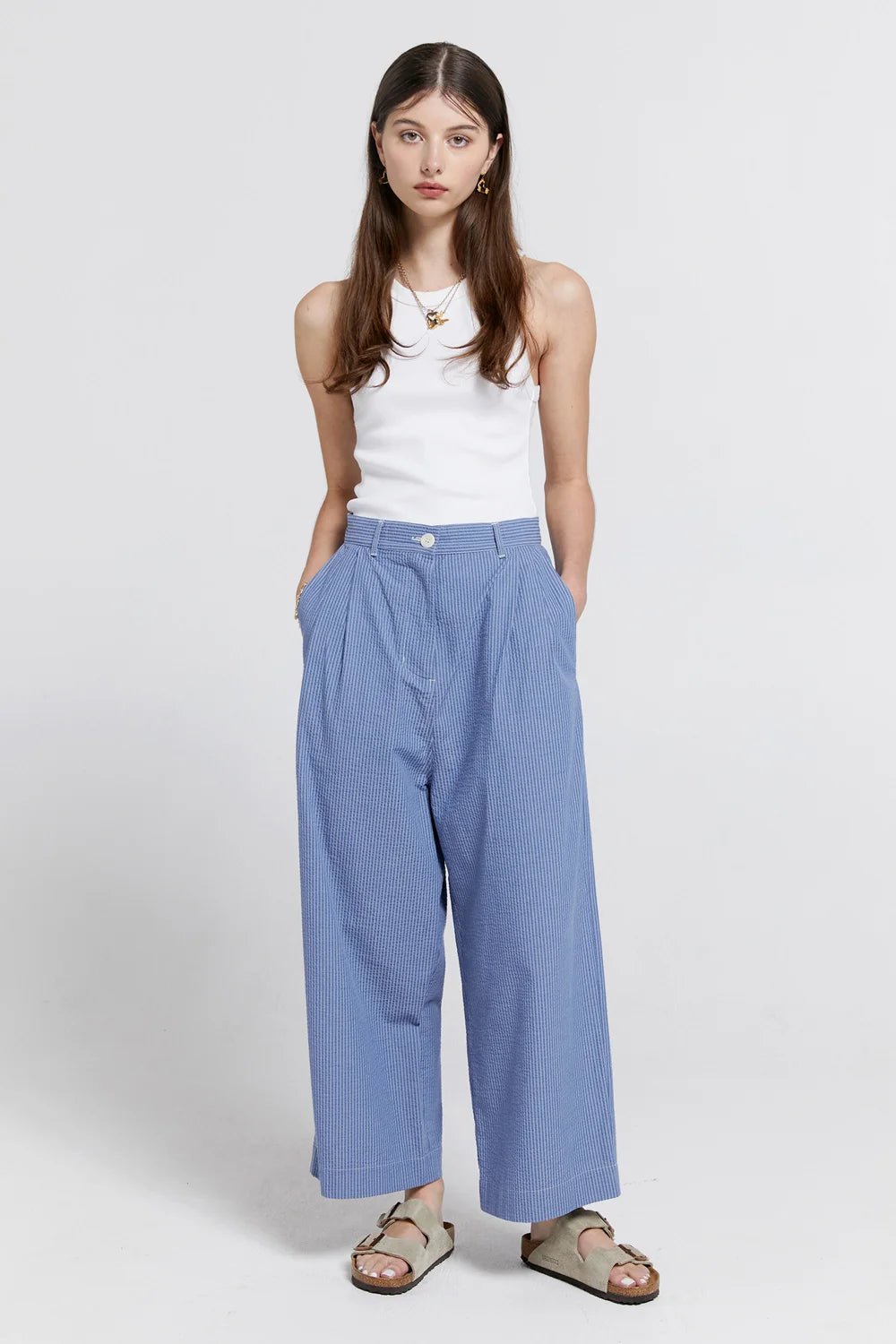 Karen Walker | Seersucker Workwear Pants | Blue | Palm Boutique