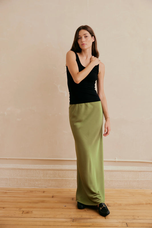 Mahsa | Puddle Skirt | Delustred Satin Matcha | Palm Boutique